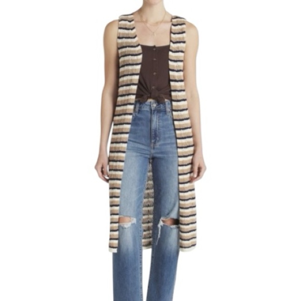 New VIGOSS Tan Blue White Striped Sleeveless Sweater Knit Long Cardigan Cover Up